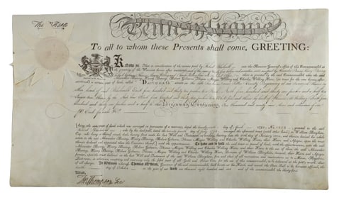 An 1806 Pa. land grant signed by Thomas McKean