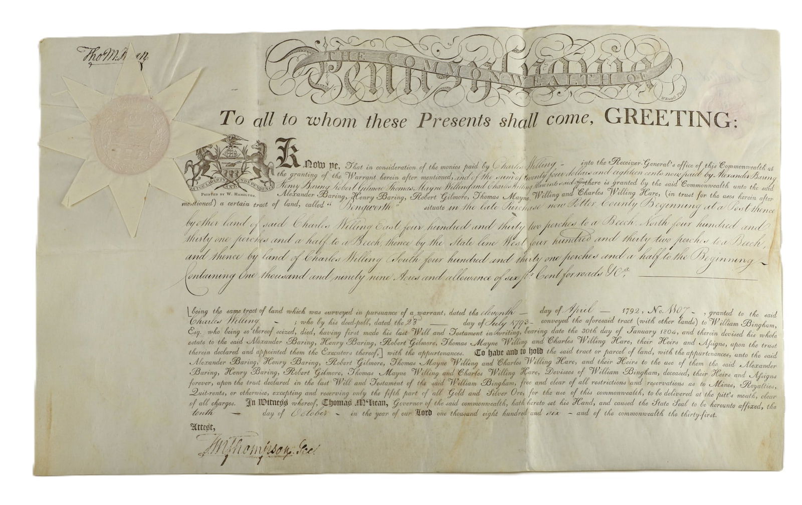 An 1806 Pa. land grant signed by Thomas McKean (1 of 5)