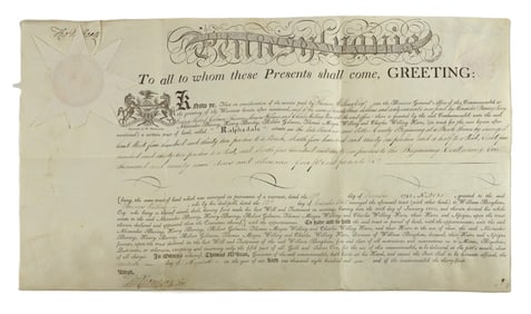 An 1806 Pa. land grant signed by Thomas McKean