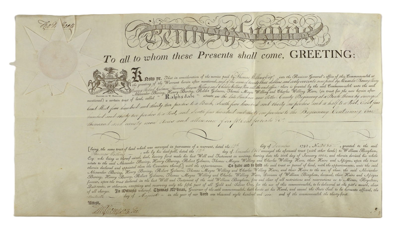 An 1806 Pa. land grant signed by Thomas McKean (1 of 5)