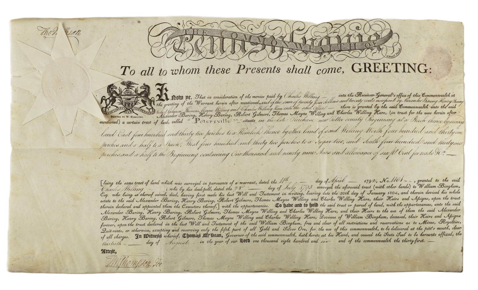 An 1806 Pa. land grant signed by Thomas McKean (1 of 6)