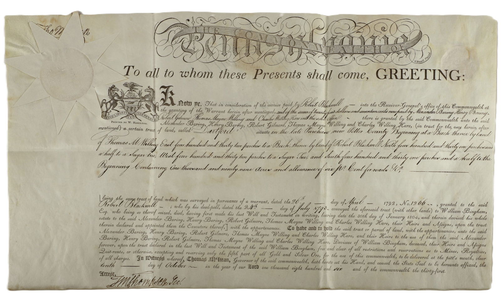 An 1806 Pa. land grant signed by Thomas McKean (1 of 5)