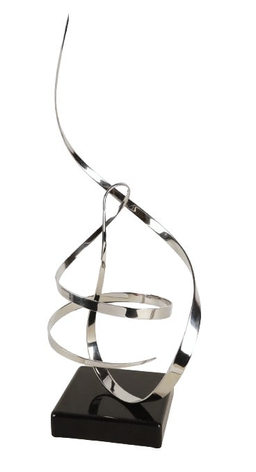 George Beckman Kinetic Chrome Ribbon Sculpture: George Beckman (American, b.1933) Kinetic Chrome Ribbon Sculpture, polished ribbon sculpture with point joined twist surround able to spin or rest on central point, signed Beckman at center bottom, ra