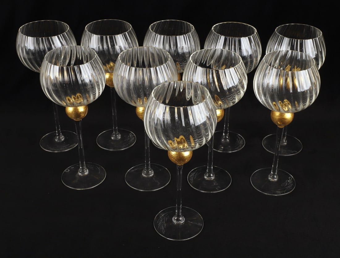 (10) 'Manhattan' Union Street Wine Goblets: (10) 'Manhattan' Union Street Wine Goblets, 'Manhattan Bordeaux', hand blown gold lustre orb centered with swirl ribbed optic bowl, singed at underside, 9 1/2"H