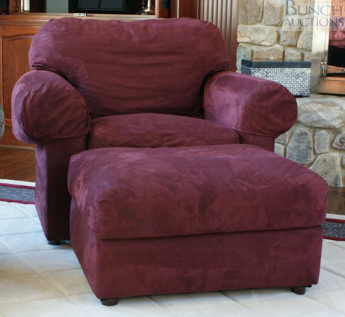 Pair of burgundy micro suede club chairs with otto: Pair of burgundy micro suede club chairs with ottomans by Bernhardt