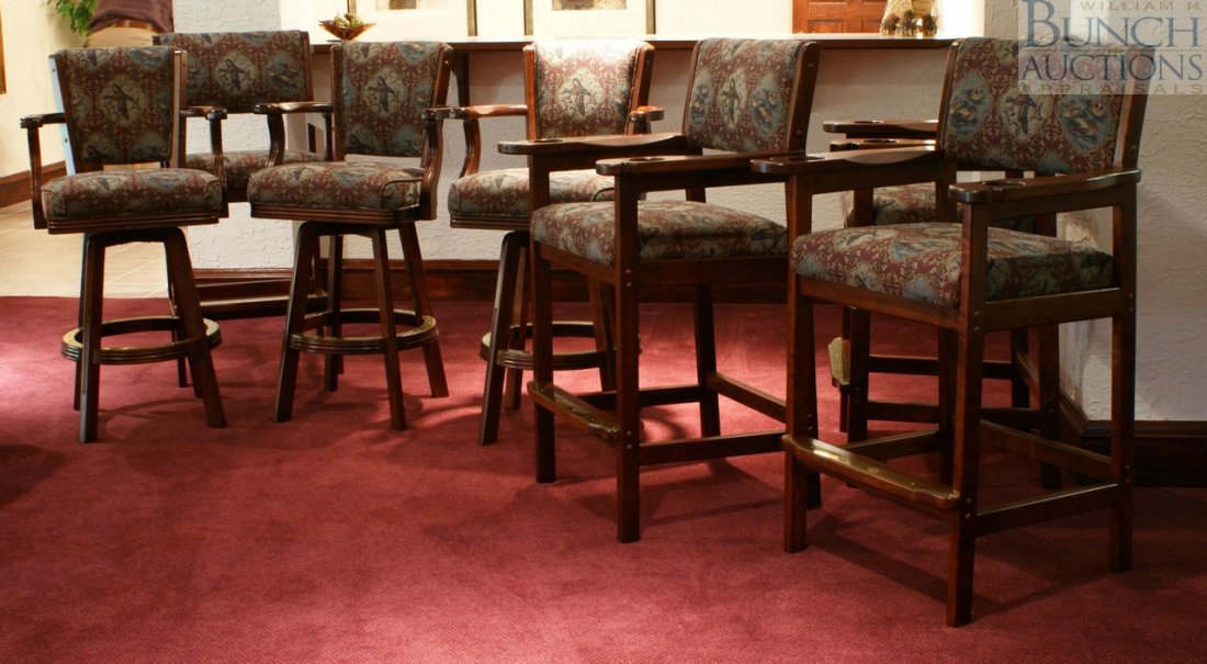 Four upholstered high back pool room chairs with c: Four upholstered high back pool room chairs with cup and cue holders, with three similar high back bar stools all by Mikhail Darafeev