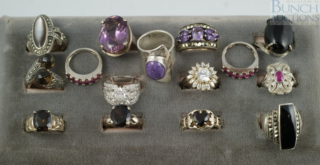 15 sterling silver rings, many with colored & cl: 15 sterling silver rings, many with colored & clear stones, marcasites, 2.80 TO