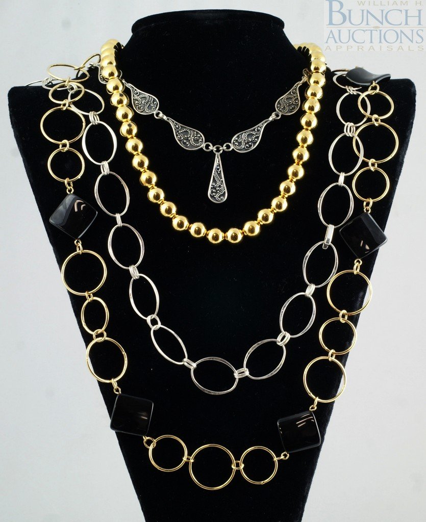 (4) sterling silver necklaces, 2 w/gilt finish, : (4) sterling silver necklaces, 2 w/gilt finish, set w/clear & other stones, longest 34", 4.36 TO