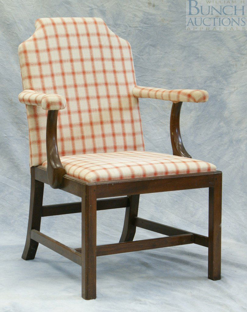 Mahogany Kittinger Colonial Williamsburg Chippe: Mahogany Kittinger Colonial Williamsburg Chippendale style open arm chair with plaid upholstery, 38-1/2" high
