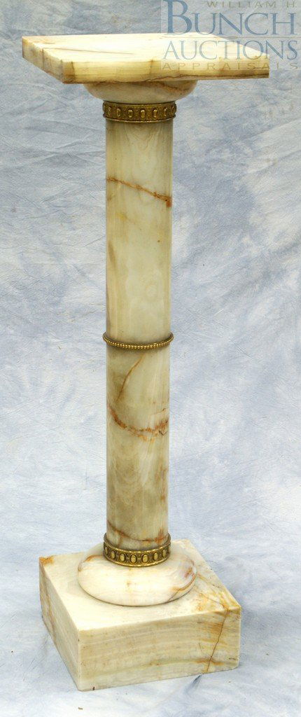 Bronze mounted Alabaster pedestal with revolvin: Bronze mounted Alabaster pedestal with revolving top, 40" high, top 12" square