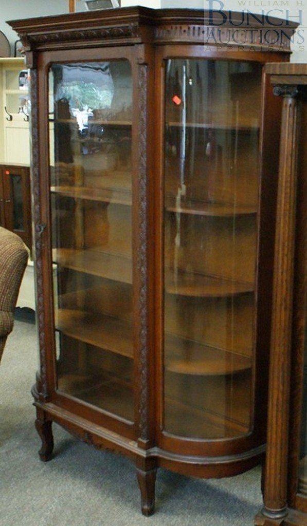 Carved Oak China Cabinet with bowed glass ends,: Carved Oak China Cabinet with bowed glass ends, 68" tall, 47-3/4" wide