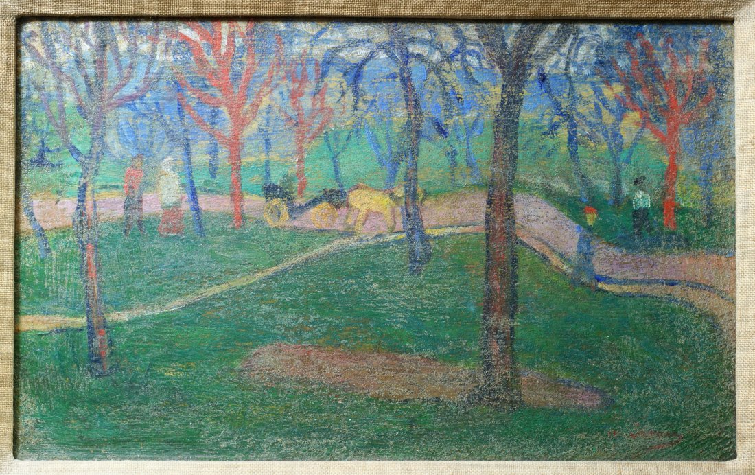 Andre Derain, French, 1880-1954, oil on canvas,: Andre Derain, French, 1880-1954, oil on canvas, Park Scene, Trees in a Landscape, stretcher measuring 7” x 10 ½”, in original gilt plaster frame with some losses, no damage or restoration observe