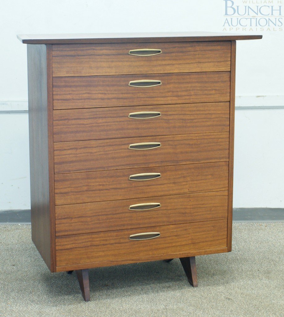 Nakashima for Widdicomb 7 drawer walnut tall ch: Nakashima for Widdicomb 7 drawer walnut tall chest with gallery top, branded GEORGE NAKASHIMA, 49" tall, case 36" w, 20" d