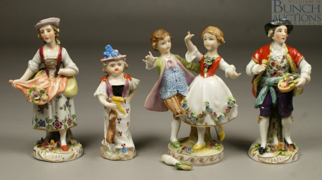 (4) small porcelain figurines,2 Vienna figures o: (4) small porcelain figurines,2 Vienna figures of man and woman collecting flowers, woman missing hand, no damage to man, 2 others with blue underglaze marks, girl with a hare, 3 1/2", blue underglaze