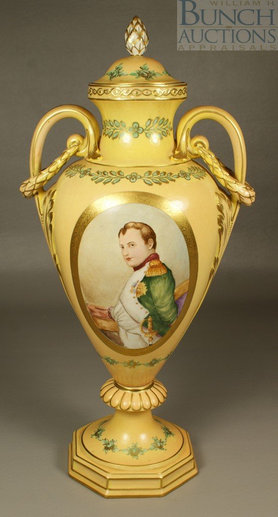 Carl Thieme, Dresden porcelain portrait urn with: Carl Thieme, Dresden porcelain portrait urn with lid, waist length portrait of Napoleon, gilt crown verso, blue underglaze factory mark, c 1901 or later, 15 3/8" tall