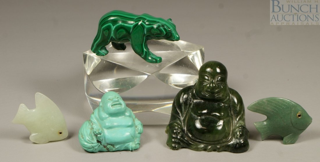 Carved green hard stone Buddha, 2 carved jade fi: Carved green hard stone Buddha, 2 carved jade fish, turquoise carved Buddha tallest 2 1/2" longest 3"