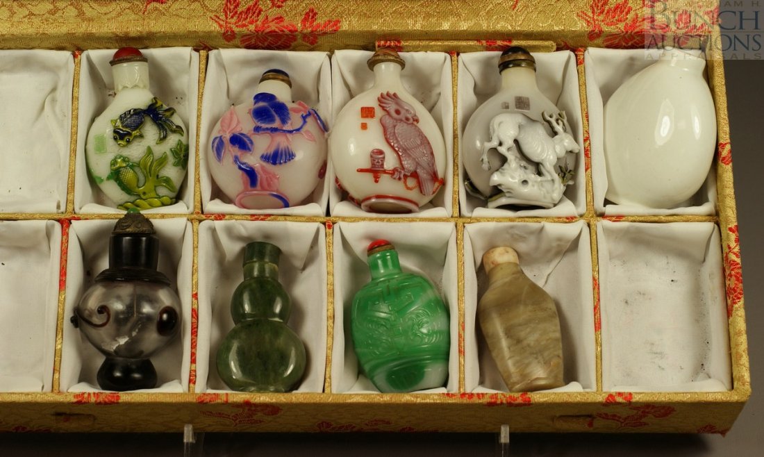 8 Chinese snuff bottles, 5 Peking glass, 2 stone: 8 Chinese snuff bottles, 5 Peking glass, 2 stone, 1 porcelain, with a French Chinses style scent bottle, typically 2 1/2" tall