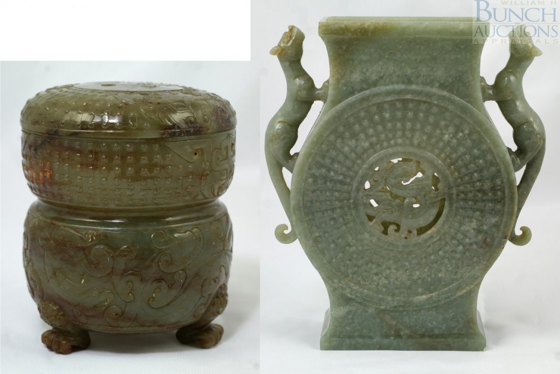 (2) pcs carved jade, jar form censer, missing a : (2) pcs carved jade, jar form censer, missing a finial on lid, 3 3/4" h, and a vase/jar, probably had a lid, lion handles, 5 1/2" tall