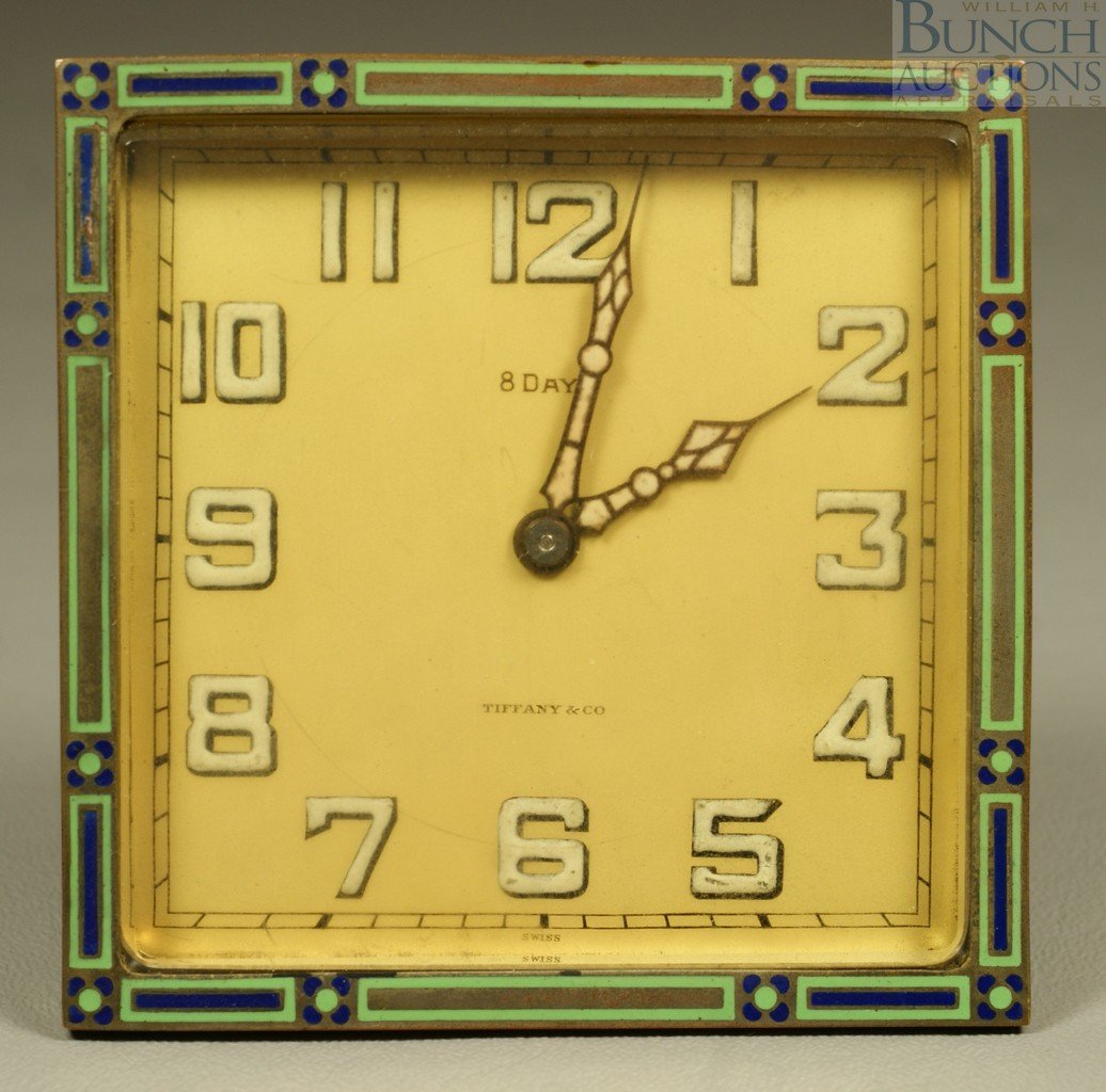 8 day Swiss desk clock, dial inscribed Tiffany &: 8 day Swiss desk clock, dial inscribed Tiffany & Co, enameled art deco surround, runs when wound, 3 1/4" square