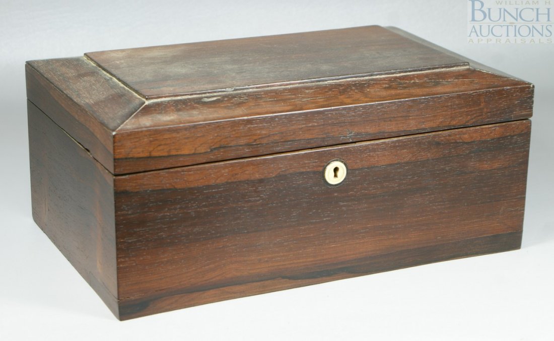 Rosewood veneered document box, round ivory escu: Rosewood veneered document box, round ivory escutcheon, 14" w, 9" d, 6 1/4" h