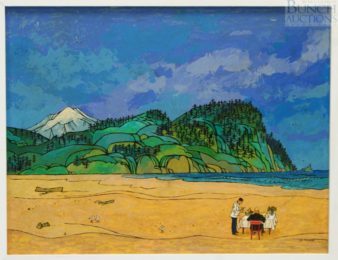 Earl Thollander, (American, 1922-2001), "Dinner : Earl Thollander, (American, 1922-2001), "Dinner on the Beach", acrylic on board, 26 x 20 inches, (board size), very good condition aprat from minor surface dirt.