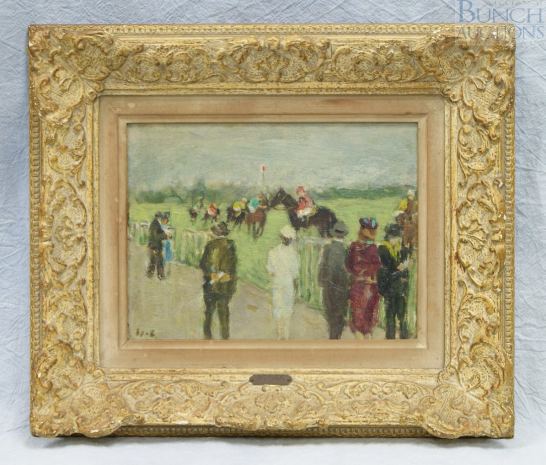 Gabriel Spat, (France/American, 1890-1967), "Ava: Gabriel Spat, (France/American, 1890-1967), "Avant la Course; Longchamp", an impressionist oil on board composition, 6 1/2" x 8 1/2", in fine ornamental frame. Good condition.