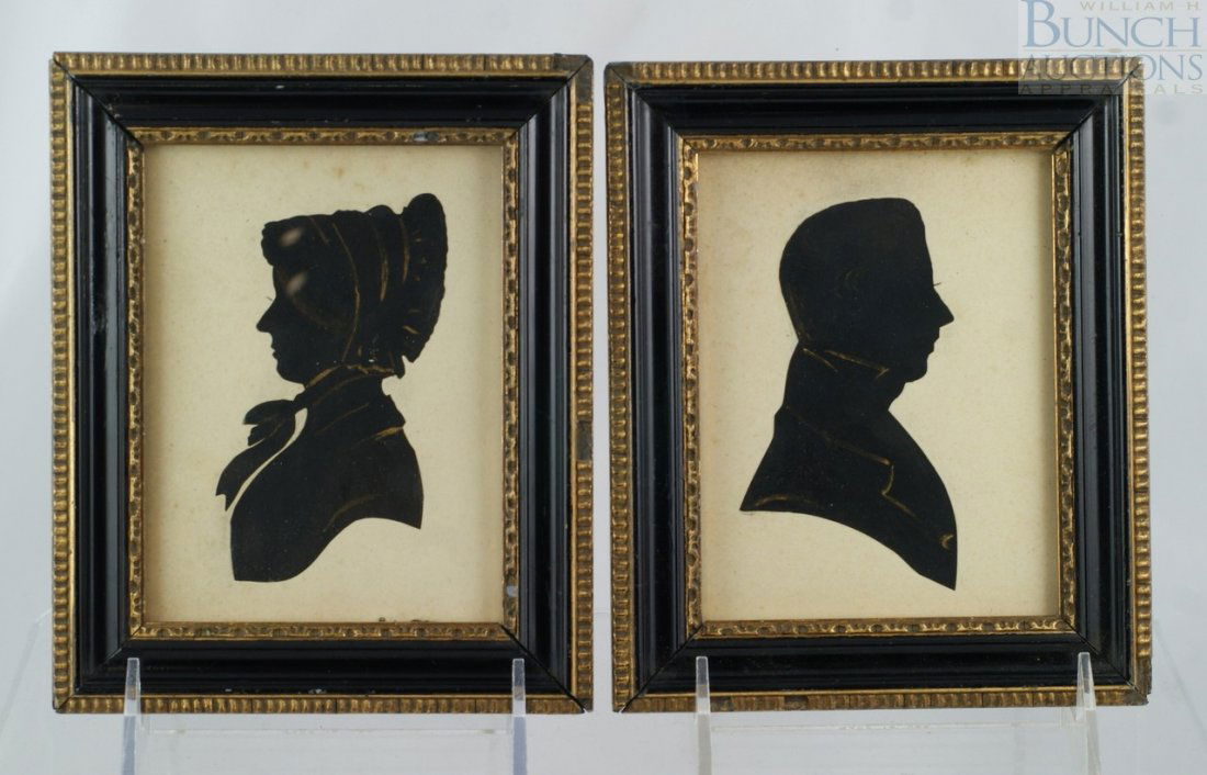 Pair of c. 1860 profiles. Cut paper Victorian po: Pair of c. 1860 profiles. Cut paper Victorian portrait silhouettes with gilded embellishments. Both in the ebonized highly polished and glazed original Hogarth frames. Slight rubbing on silhouettes