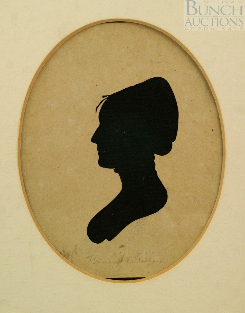 Peale museum portrait of a lady. Cut paper silho: Peale museum portrait of a lady. Cut paper silhouette done in the physiognotrace style marked "Hannah Richards". The paper is stamped Museum and stitched to black material. Unframed 4.5x3.5"