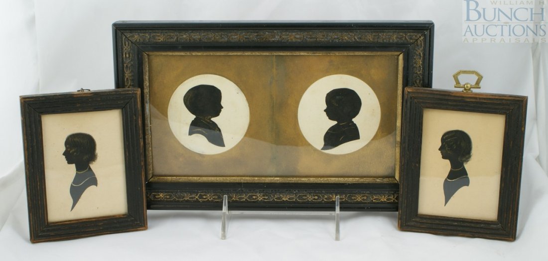 (2) Portraits of young ladies. Both painted silh: (2) Portraits of young ladies. Both painted silhouettes with gum Arabic and gilt highlights at hair and string of pearls. Both housed in reeded Wooden frames. One marked 'Elizabeth Pigott Bennett' on 