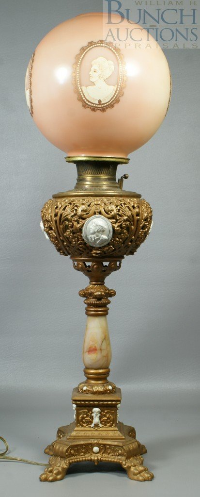 Gilt iron marble & brass banquet lamp, with came: Gilt iron marble & brass banquet lamp, with cameo portraits, matching glass shade, 29 3/4" h