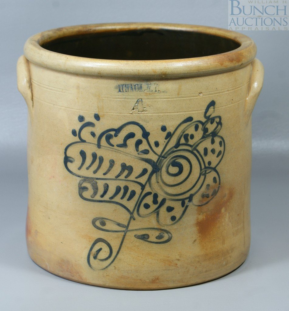 Blue decorated four gallon crock, Ithaca, NY, 11: Blue decorated four gallon crock, Ithaca, NY, 11 1/2" h