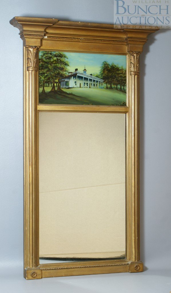 Sheraton style gold painted mirror with columns: Sheraton style gold painted mirror with columns and eglomise panel, 21 1/2" w x 36" h