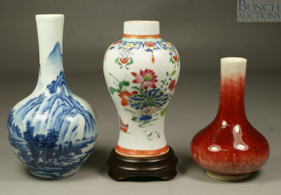 (3) Chinese vases, Sang de Boeuf, blue & white w: (3) Chinese vases, Sang de Boeuf, blue & white with reign mark to base, early Famille Rose with hairlines to neck, missing lid, tallest 6 1/2" high
