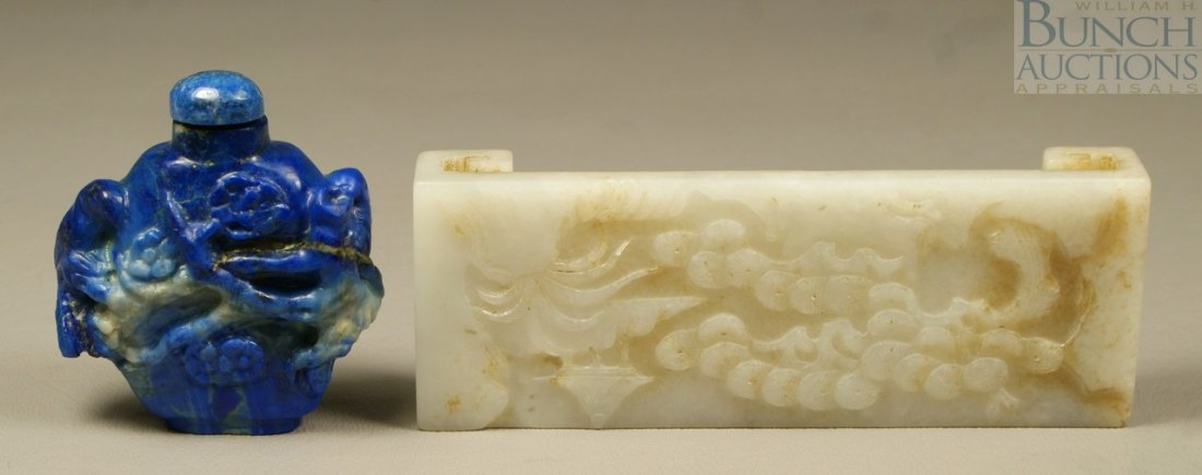 (2) Pieces of Chinese carved stone, wrist rest w: (2) Pieces of Chinese carved stone, wrist rest with seal mark to base, carved blue stone snuff bottle with birds decoration, largest 4 3/8" long