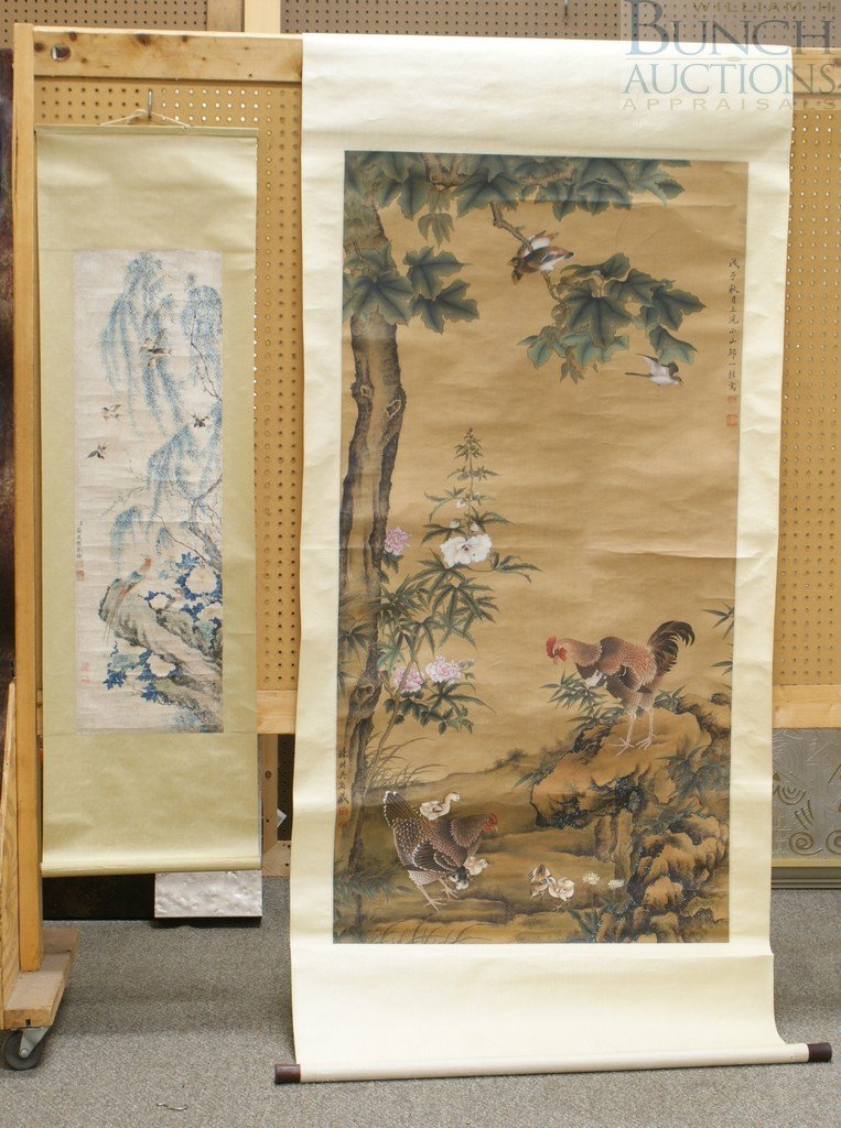 (2) Assorted Chinese scrolls, contemporary one w: (2) Assorted Chinese scrolls, contemporary one with birds and landscape, older one with birds & flowers, largest 38" wide