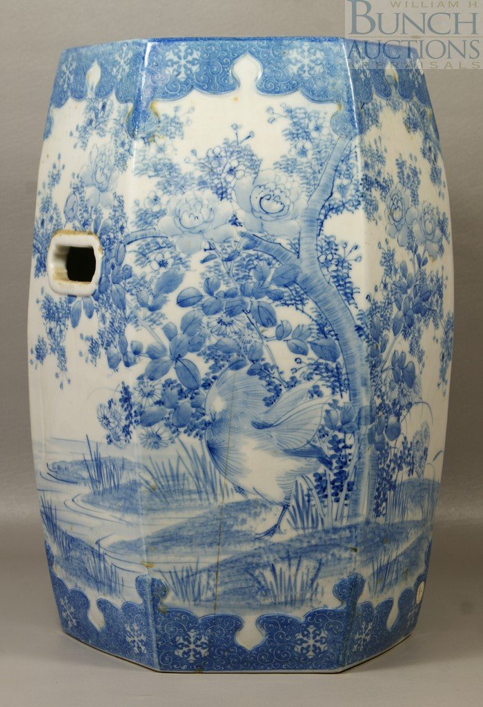 Japanese blue & white porcelain garden seat, lar: Japanese blue & white porcelain garden seat, large crack, 19" h