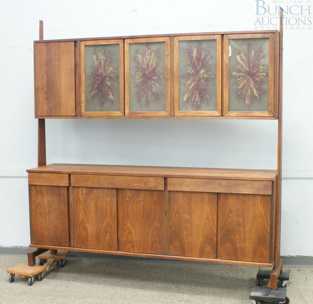 Mid century modern credenza, top with molded tr: Mid century modern credenza, top with molded translucent panels, 77" h x 18" d x 75" w