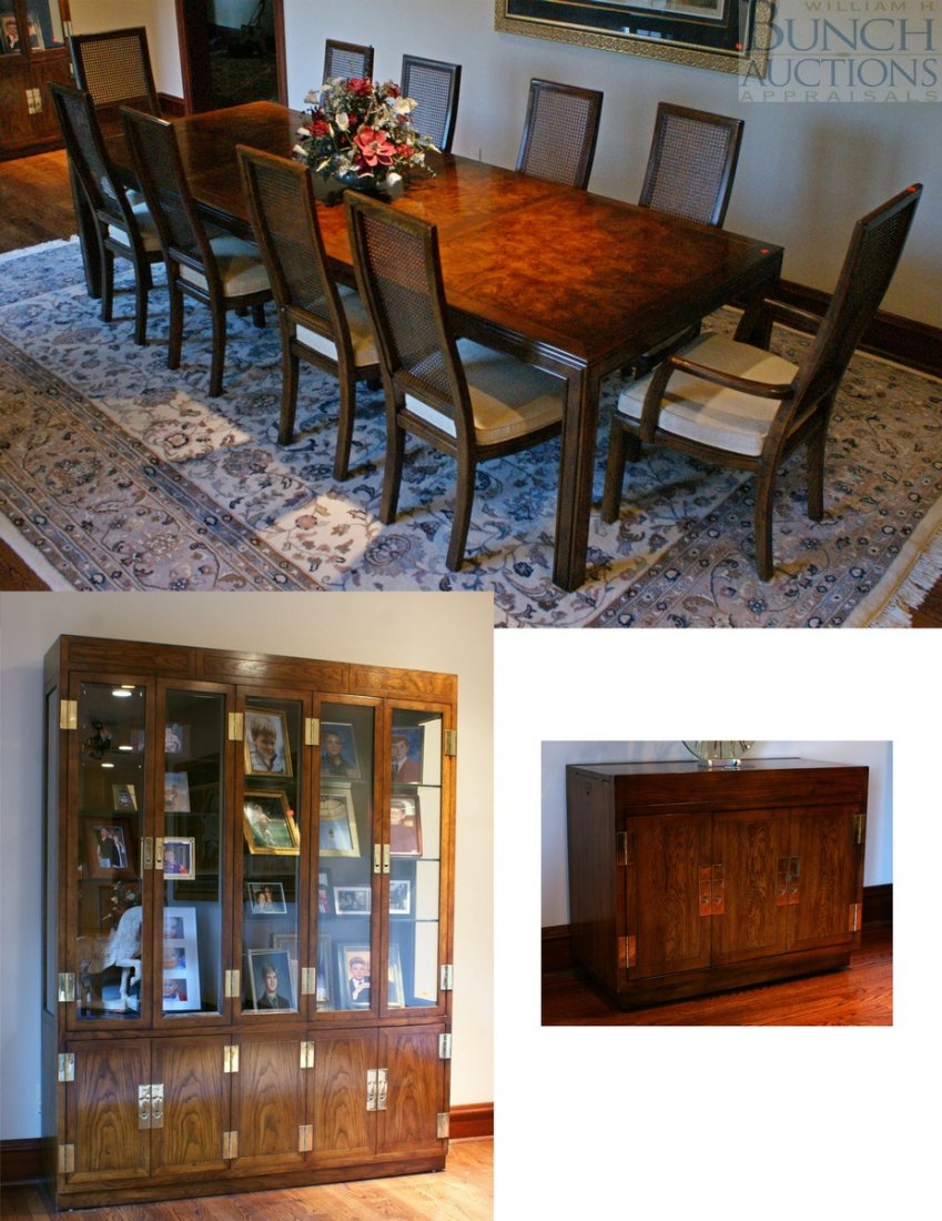 Henredon Asian style dining room table with 10: Henredon Asian style dining room table with 10 chairs, 2 with arms and 2 extra leaves each 22", 42" x 66" 122" overall, together with a matching breakfront, 64"w, 82"h, and a small server with a fold
