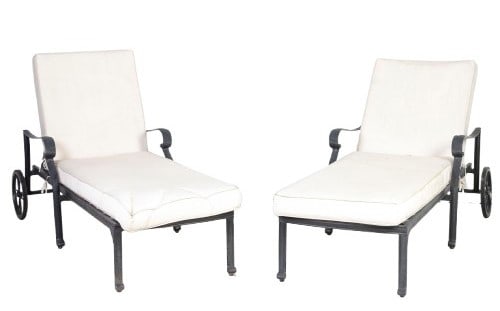 Pair of outdoor chaise lounges: Pair of outdoor chaise lounges, metal frames, cushions, wheels at one end, 40"H x 24"W x 84"L