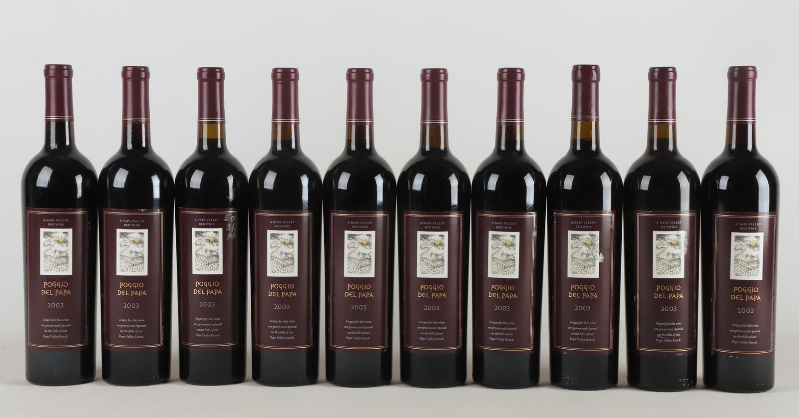 (10) Bottles Poggio del Papa red wine 2003: (10) Bottles Poggio del Papa Napa Valley red wine 2003, 750 ml, Pope Valley Ranch, Flora Springs, St Helena, CA
