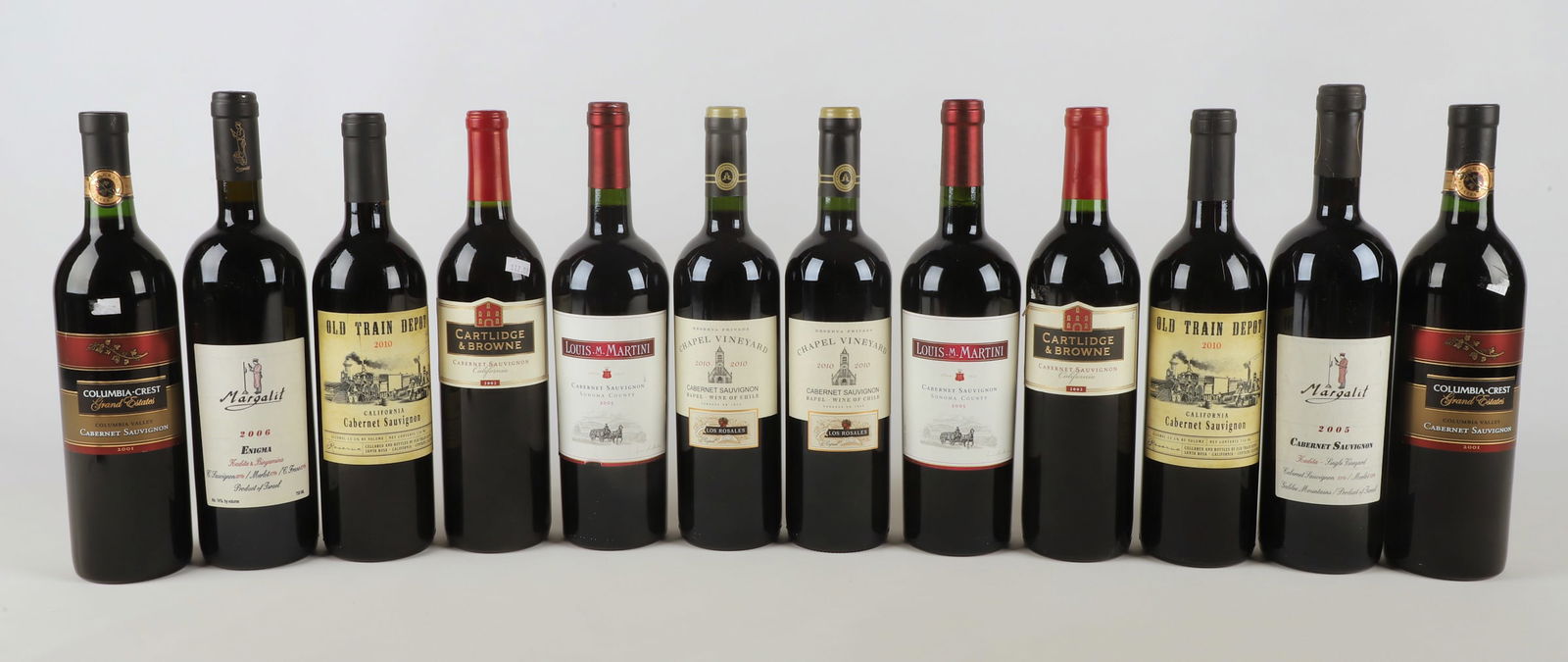 (12) Assorted bottles of Cabernet Sauvignon wine: (12) Assorted bottles of Cabernet Sauvignon wine, 750 ml, (2) each, including Cartlidge & Browne Napa County CA 2002, Old Train Depot Santa Rosa CA 2010, Louis M Martini Sonoma County 2005, Margalit K