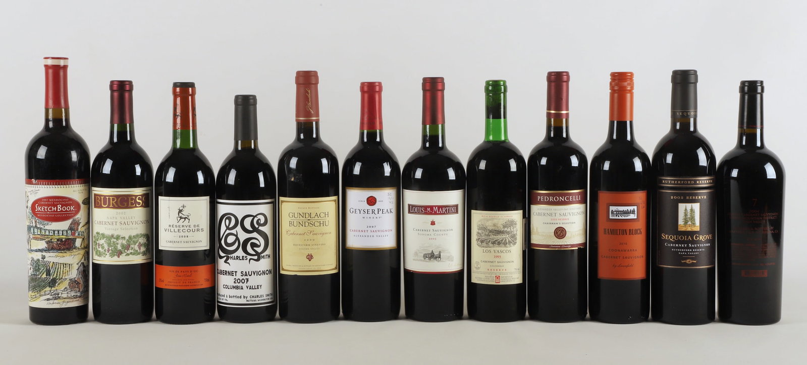 (12) Assorted bottles of Cabernet Sauvignon wine: (12) Assorted bottles of Cabernet Sauvignon wine, 750 ml, including Jean Natoli Vin de Pays d'Oc Reserve de Villecours 2008, Burgess Napa Valley 2002, Sketch Book Mendocino Collection 1997, Rutherford