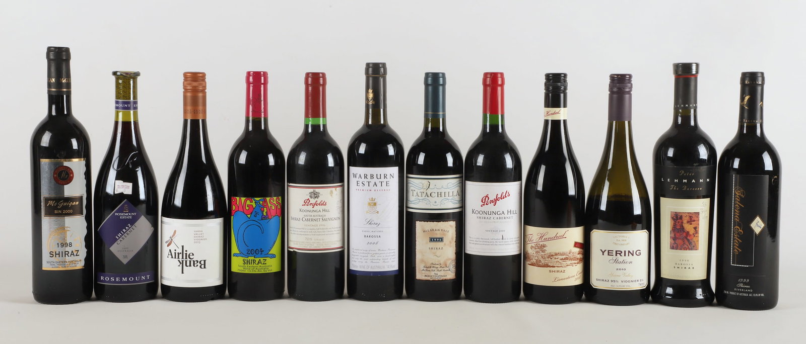 (12) Assorted bottles of Shiraz wine: (12) Assorted bottles of Shiraz wine, 750 ml, including McGuigan Bin 2000 South Eastern Australia 1998, Yering Station Yarra Valley Australia 2010, Airlie Bank Yarra Valley Australia 2013, Salena Esta