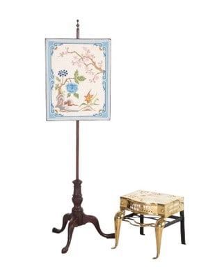 Queen Anne style mahogany needlepoint firescreen, gilt metal fireplace trivet: Queen Anne style mahogany needlepoint firescreen, needlepoint with floral and branches, turned base on tripod with pad feet, 60"h, along with gilt metal fireplace trivet