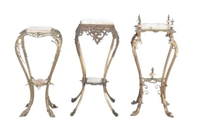 (3) Victorian style gilt metal and alabaster side pedestals: (3) Victorian style gilt metal and alabaster side pedestals, pierced gilt metal with alabaster tops, largest 35"h x 14-1/2"square