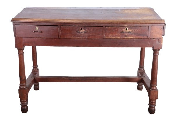 2-Piece shipper's desk: 2 piece shipper's desk, 3 plank top over 3 drawers atop 4 columned base with dovetailed stretcher over turned feet, missing gallery, 47"H x 64"W x 30"D
