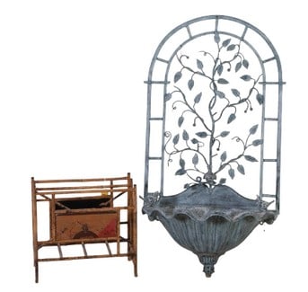 Pierced metal hanging wall birdbath, bamboo magazine rack (1 of 7)