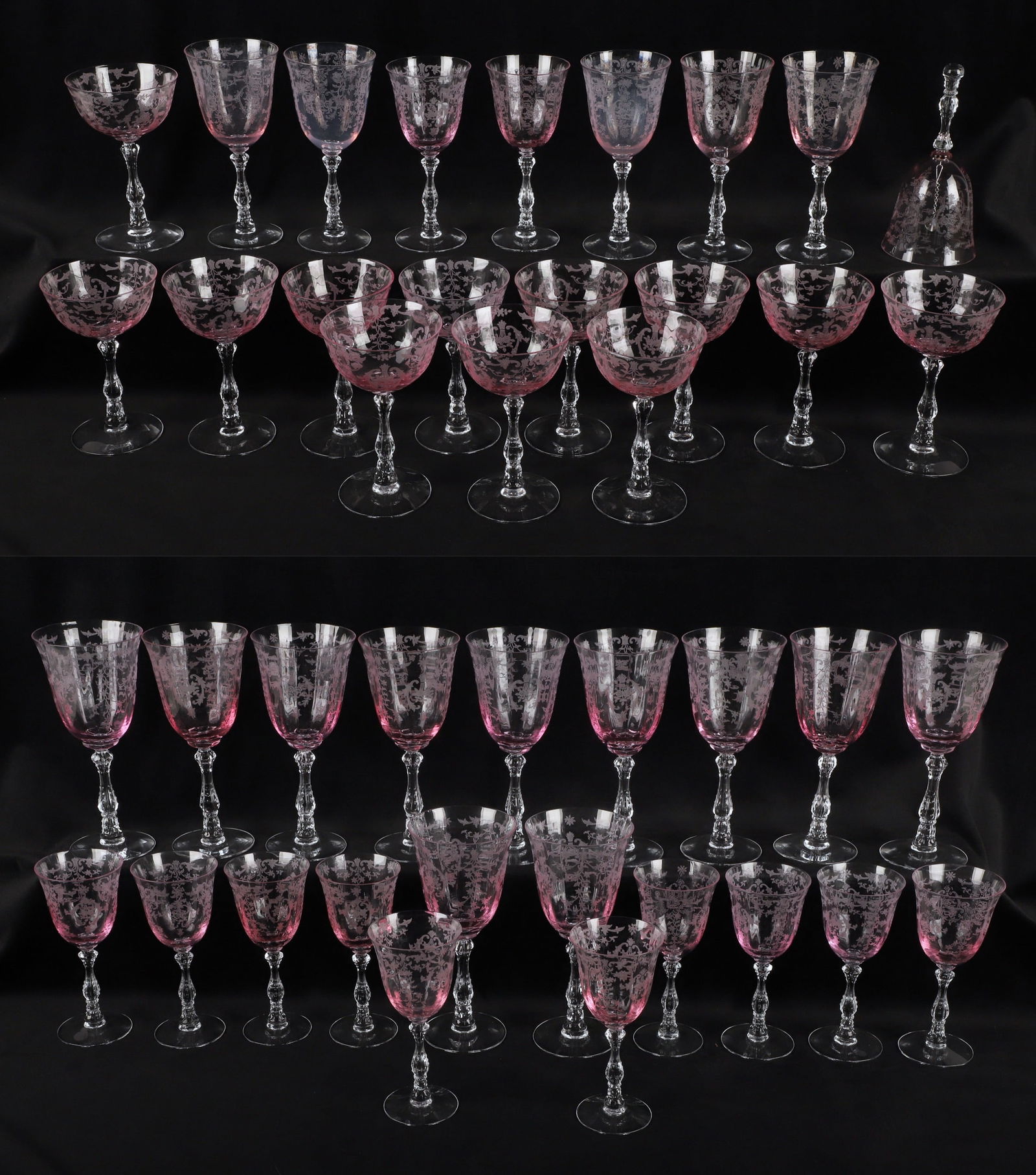 (41) Pieces of Fostoria Navarre pink glassware: (41) Pieces of Fostoria Navarre pink glassware, including (11) 7-5/8" water goblets, (12) 6-1/8" claret wine, (12) 5-5/8" champagne/tall sherbets, (7) 6-1/2" large claret, (1) hand bell