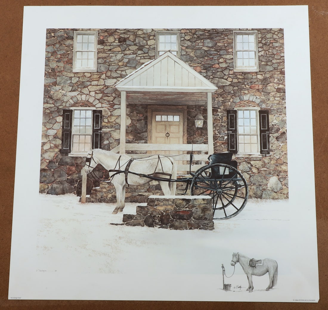 Peter Sculthorpe Signed Lithograph with Remarque: Peter Sculthorpe, American (b 1948) Signed Lithograph with Remarque "Evening Visit", offset lithograph with pencil remarque drawing, signed "P. Sculthorpe", edition 1/20, 20" x 19 1/4" main image, 24"