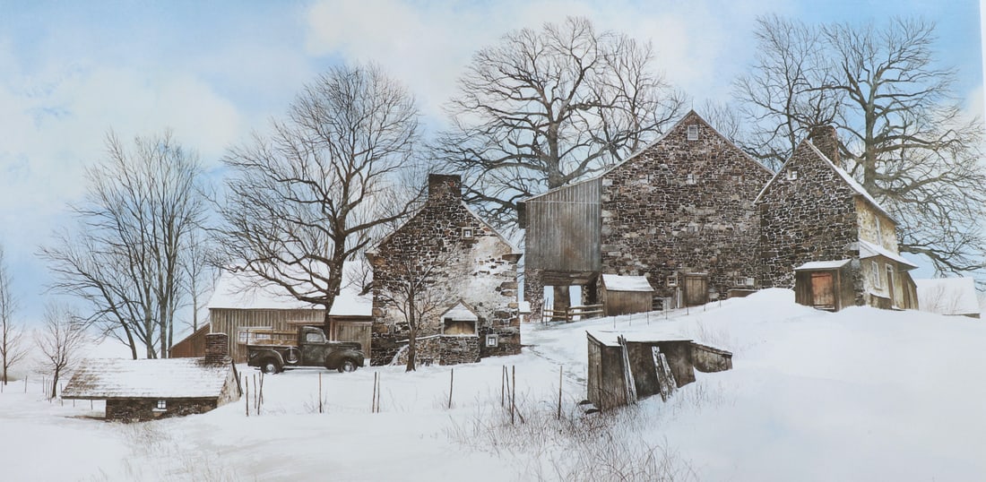 Peter Sculthorpe Signed Lithograph with Remarque: Peter Sculthorpe, American (b 1948) Signed Lithograph with Remarque "Winter Landscape with Farm Truck", offset lithograph with pencil remarque drawing, signed "P. Sculthorpe", edition 1/20, 16" x 33"